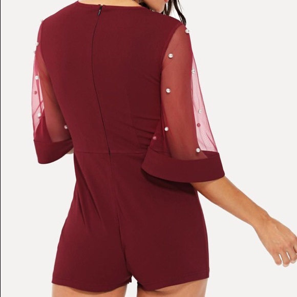 ✨✨JUST IN✨✨Burgundy Pearl Embellished Mesh Romper - Picture 2 of 3